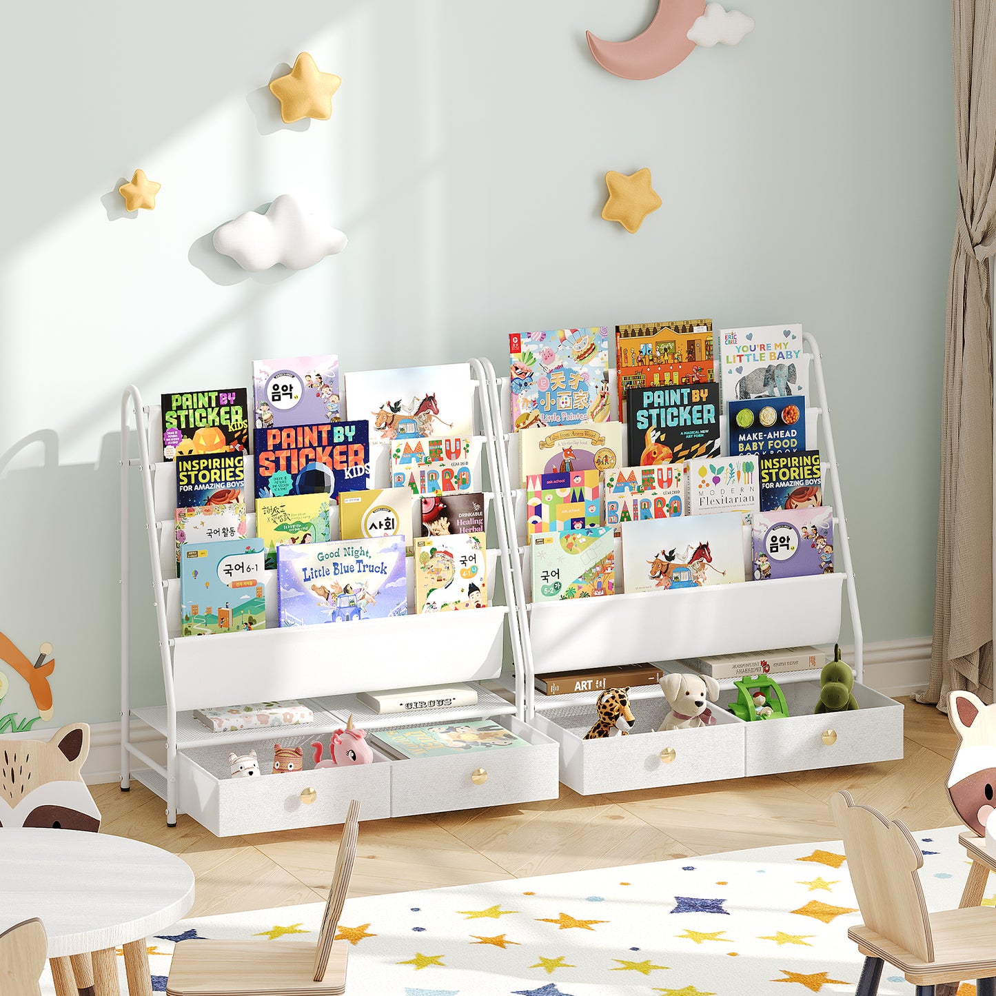 MAHANCRIS 4-Tier Kids Bookshelf with 2 Fabric Drawers