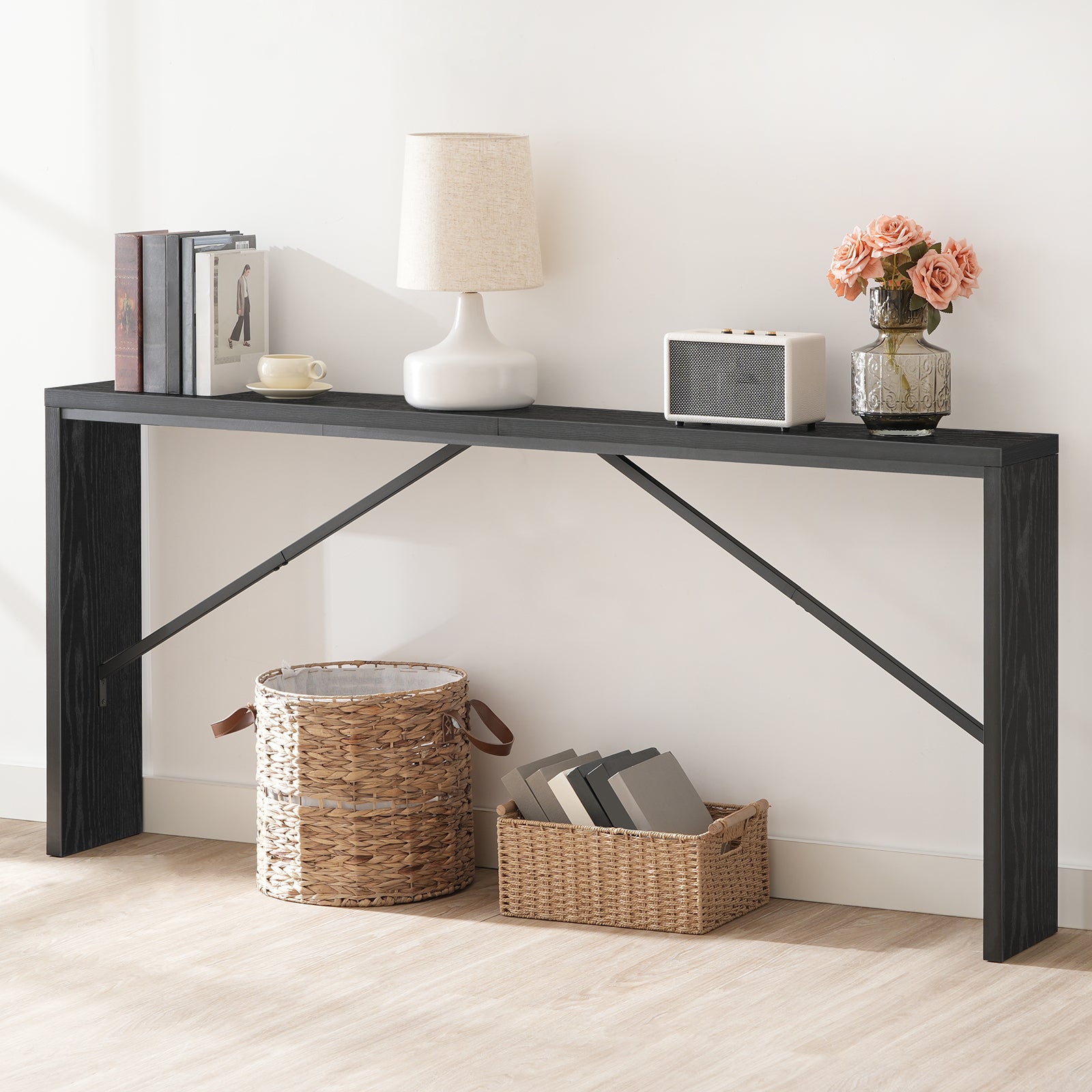 black console table with storage basket