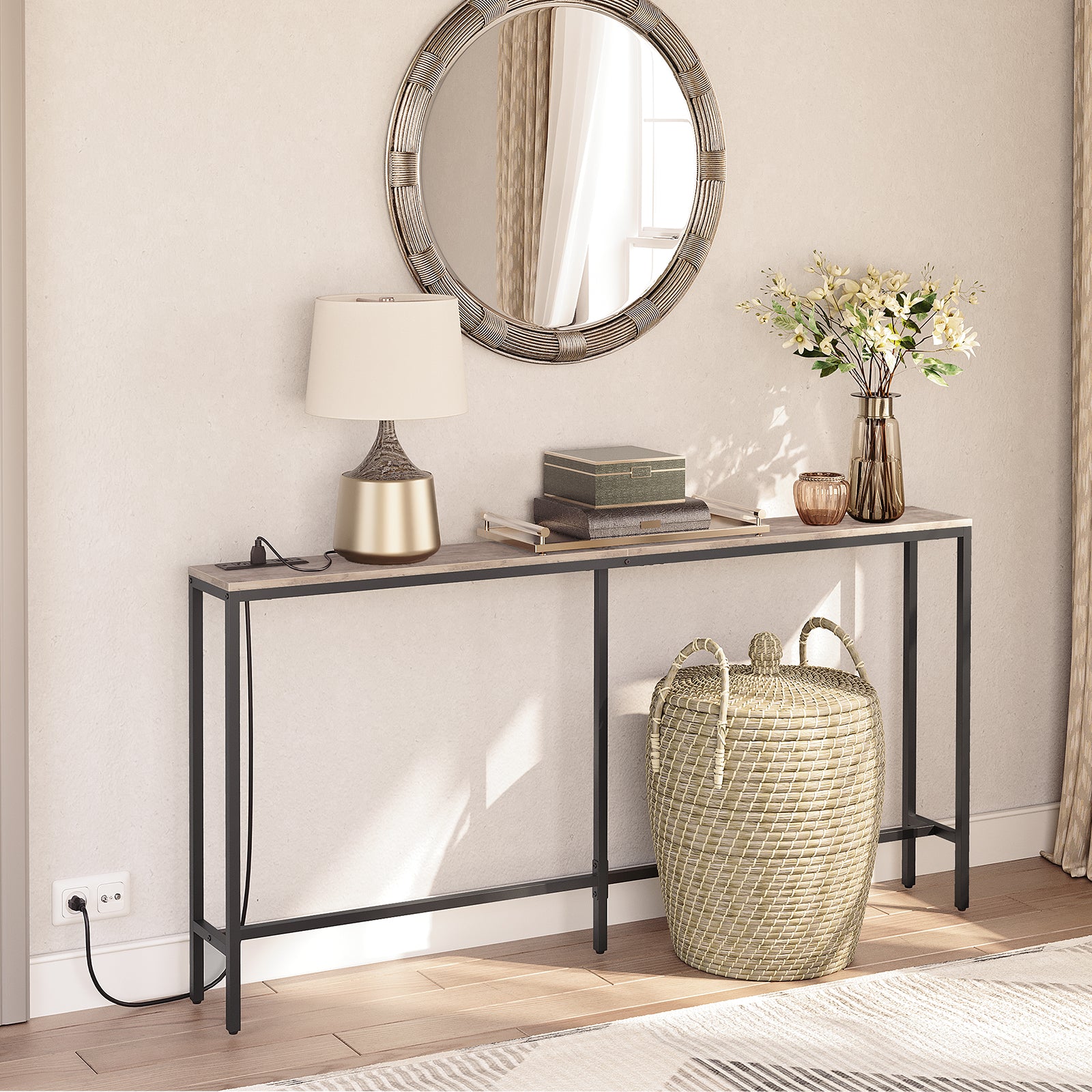 greige wooden console table for living room with storage basket
