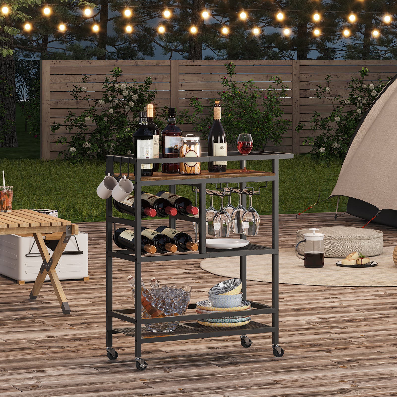 outdoor 3-tier rustic brown bar cart with hooks