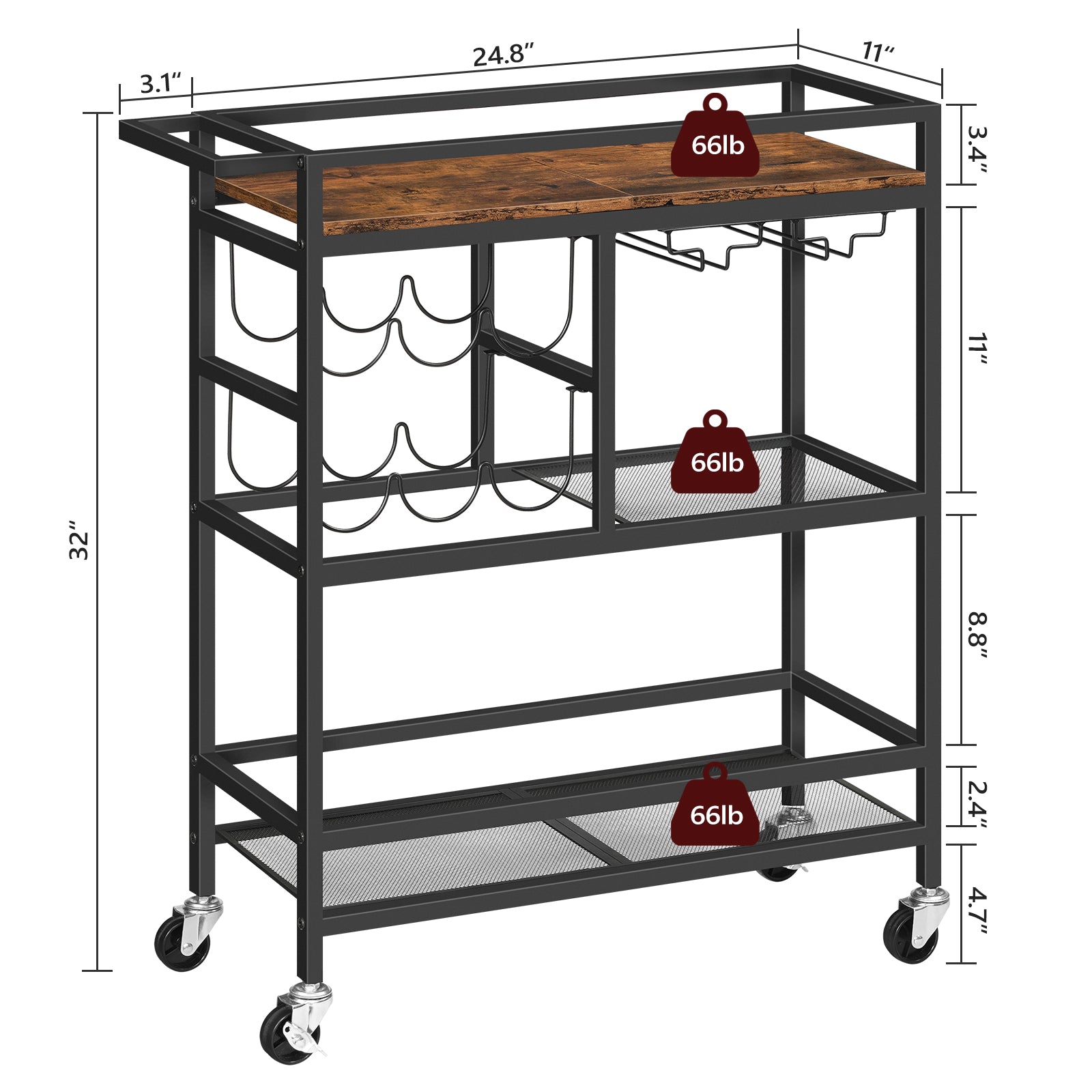 measurements of the 24.8 inch bar cart 