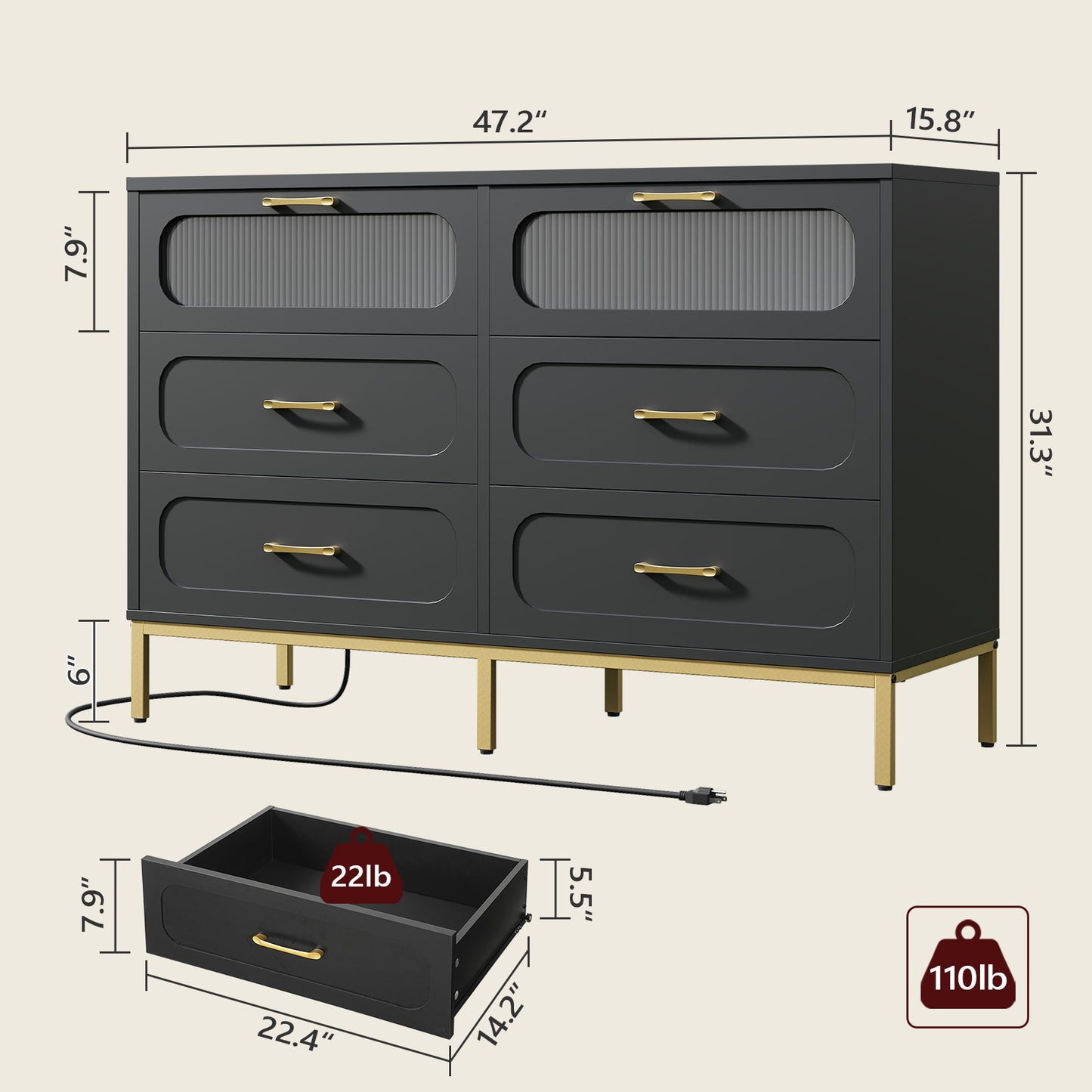 MAHANCRIS Modern Dresser with Charging Station & LED Lighting