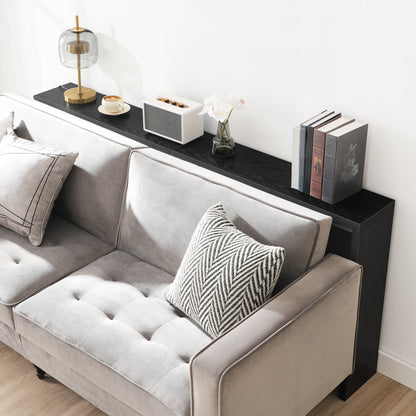 mahancris black wooden console table behind the sofa