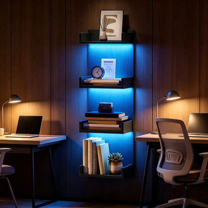 LED Floating Wall Shelves with RGB Lights | 4-Tier Wall Display Shelf